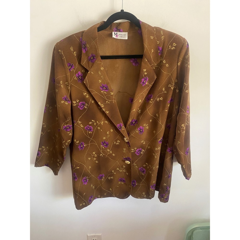 Maggie Sweet Vintage Brown Purple Floral‎ Blazer Jacket Large Gold Buttons 90s